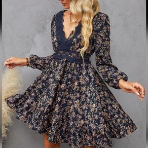 Cupshe Alison Ditsy Floral Lace Long Sleeve Dress, Sz. M